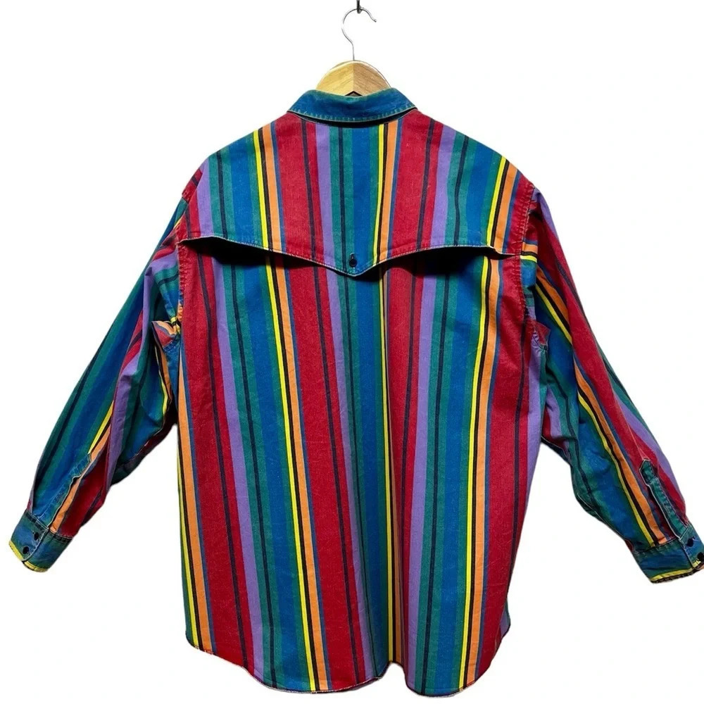 Vintage Wrangler Brushpopper Shirt Western Stripe Rodeo Cowboy- Size 18 Neck - Picture 2 of 12